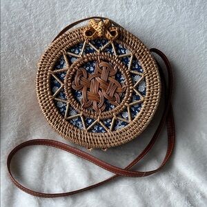 Round Woven Rattan Bag with Brown Strap